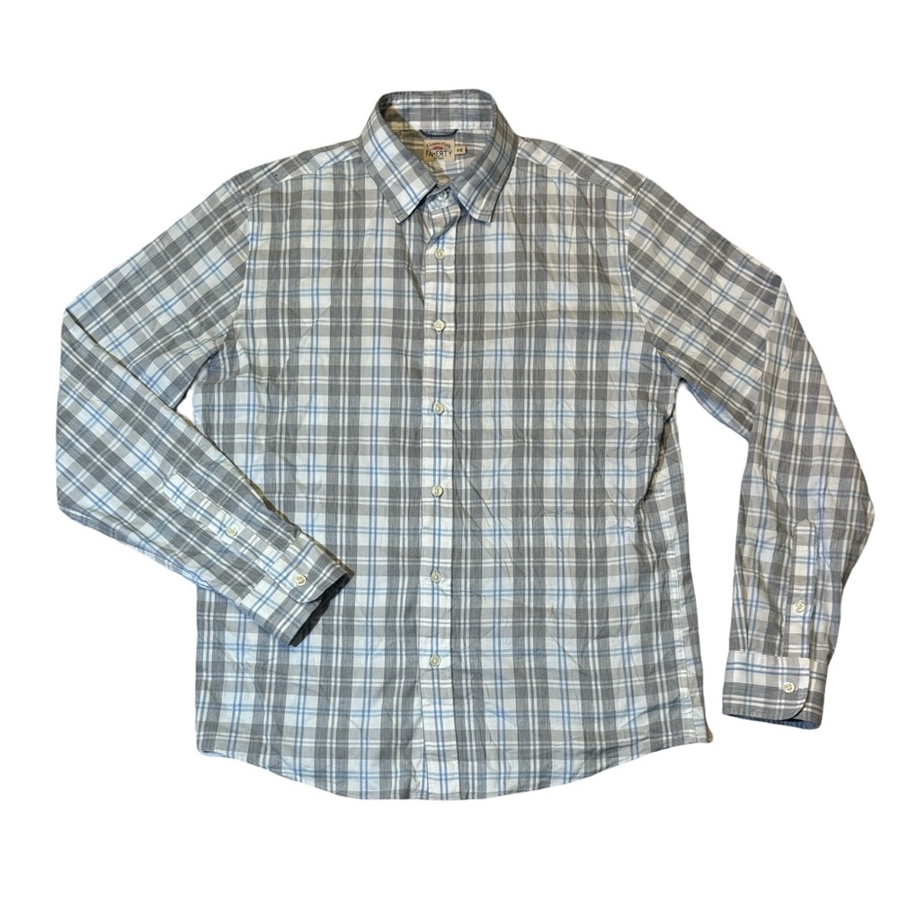 Faherty mens M Medium gray white plaid cotton blend performance button up shirt